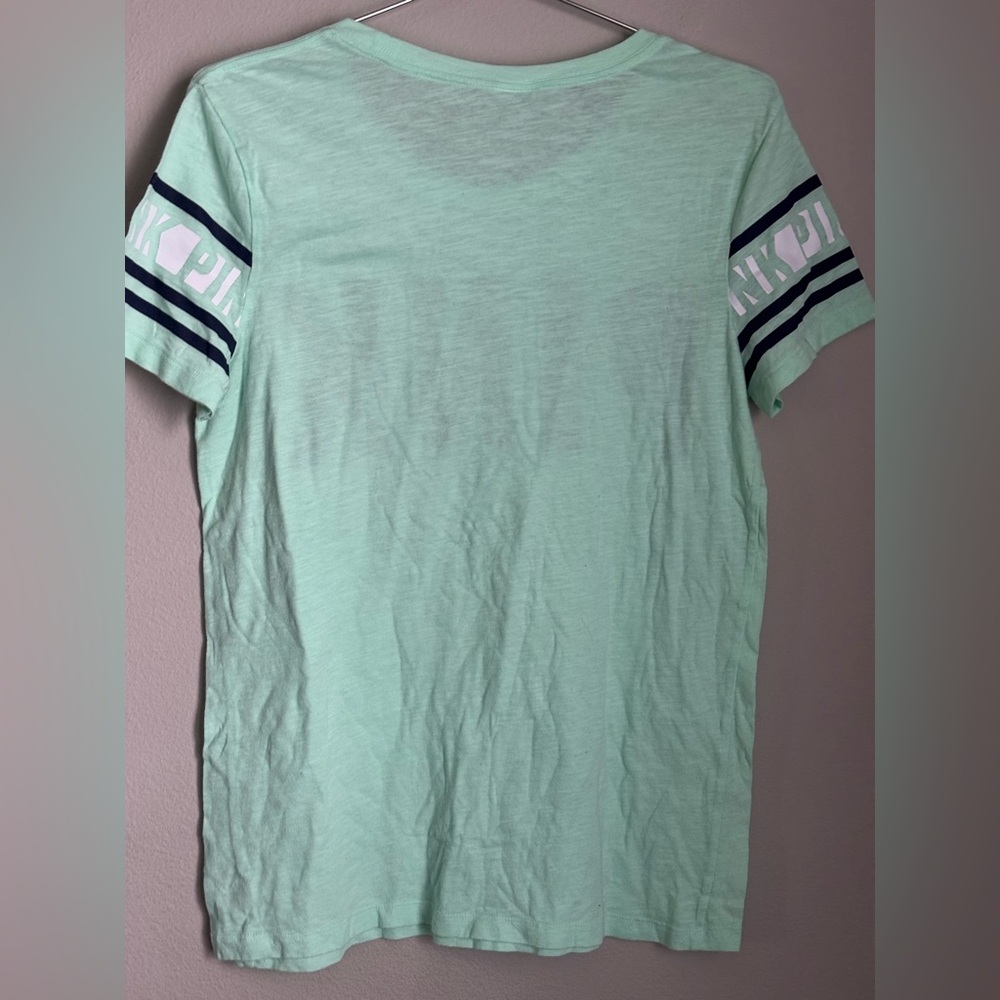 Victoria’s Secret PINK Mint Green Short Sleeve Logo Tee Navy & White Size Med - Picture 2 of 7